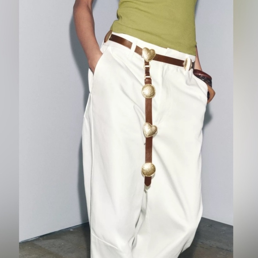 Zara NWT 100% leather belt with metal pieces hearts brown